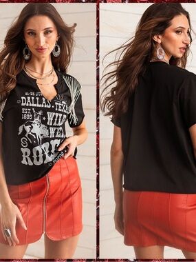 Sterling & Stitch Black & White with Silver Fringe Wild West T-Shirt - Medium